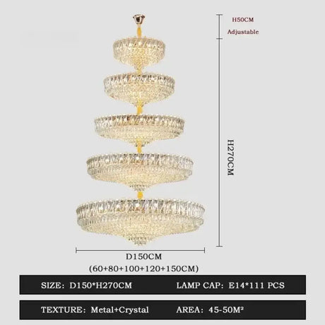 Camille French Luxury Long Crystal Chandelier Gold LED Grand Lobby Light 5 levels-D150xH270CM / neutral light 4000k