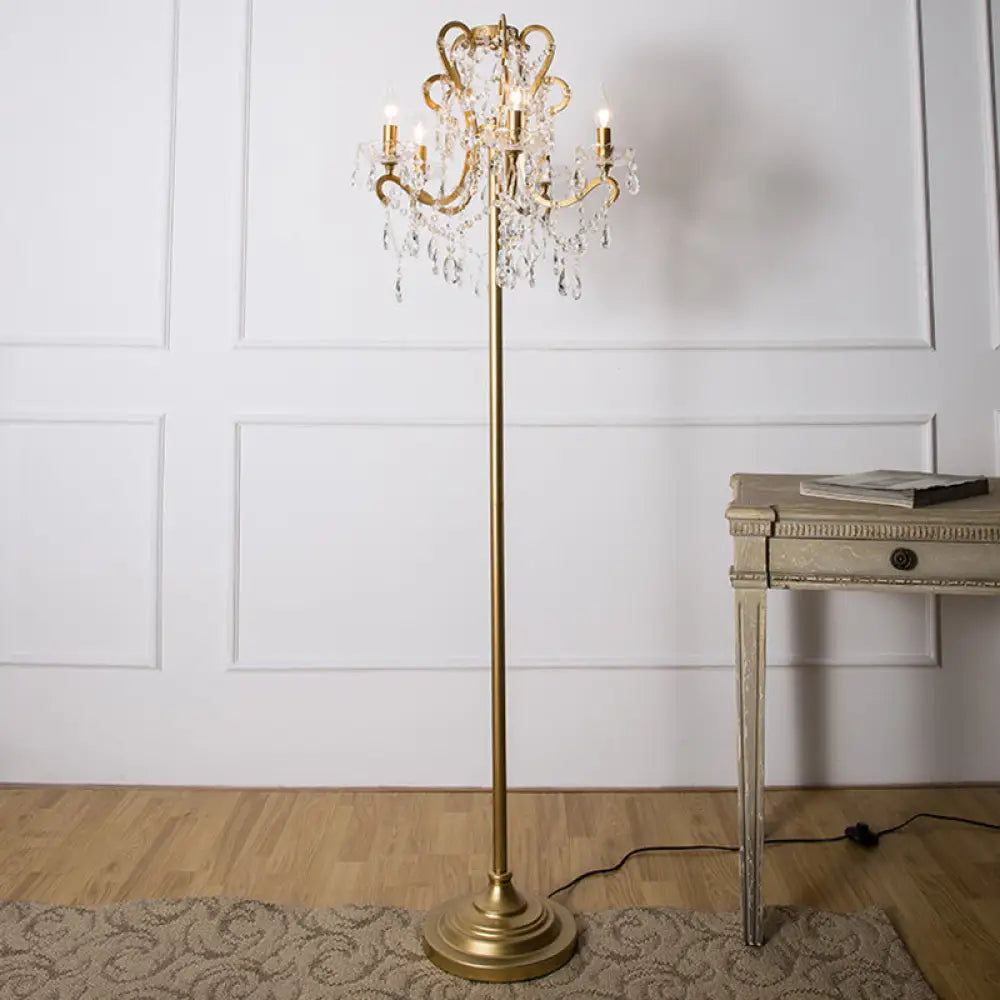 Candle Metallic Stand Up Lamp Traditional 5 Heads Living Room Floor Lighting With Crystal Draping