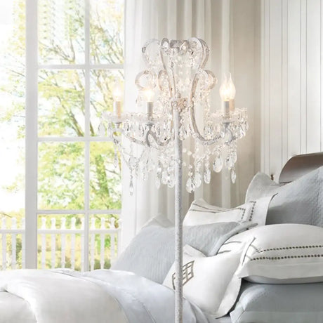 Candle Metallic Stand Up Lamp Traditional 5 Heads Living Room Floor Lighting With Crystal Draping
