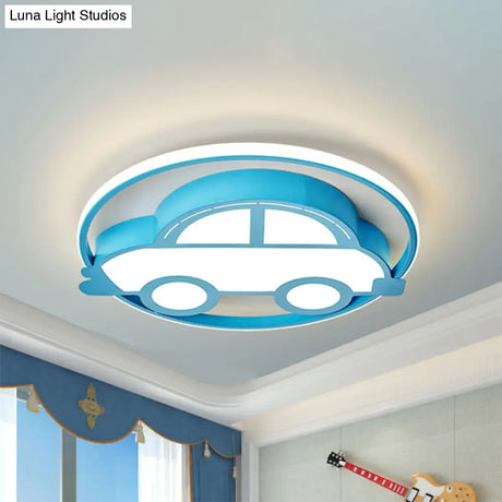 Car Shape Led Cartoon Flush Mount Lamp In Blue With White/Warm Light - Ideal For Bedrooms