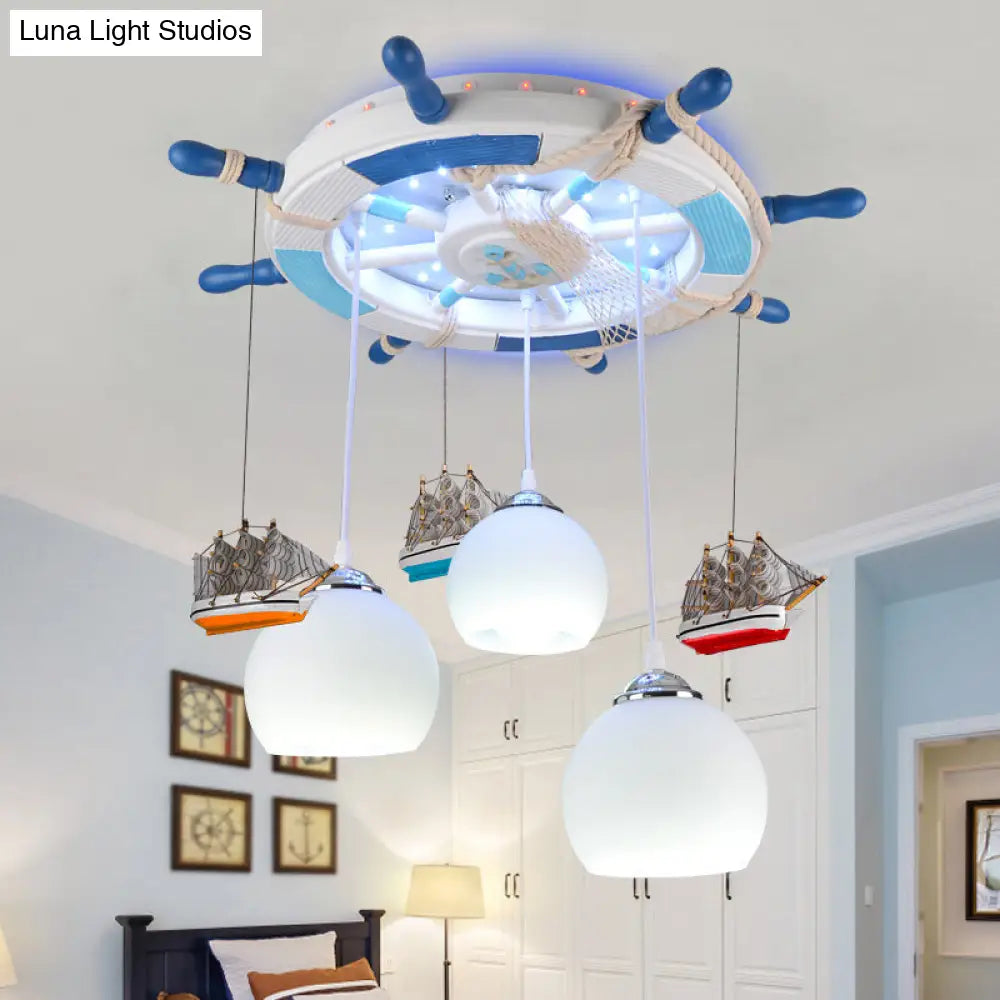 Cartoon 3 Bulb Cream Glass Dome Ceiling Light Flush Mount With Rudder Canopy (White)