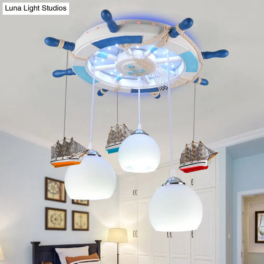 Cartoon 3 Bulb Cream Glass Dome Ceiling Light Flush Mount With Rudder Canopy (White)