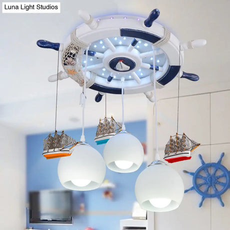Cartoon 3 Bulb Cream Glass Dome Ceiling Light – Flush Mount With Rudder Canopy (White)