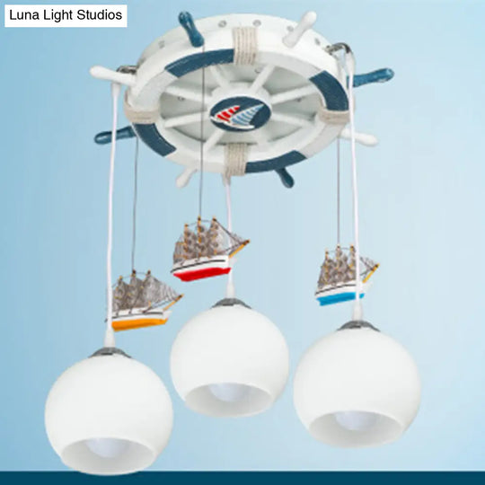 Cartoon 3 Bulb Cream Glass Dome Ceiling Light Flush Mount With Rudder Canopy (White) White / 18