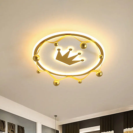 Cartoon Acrylic Led Flush - Mount Ceiling Light With Gold Crown And Ball Finial - Warm/White
