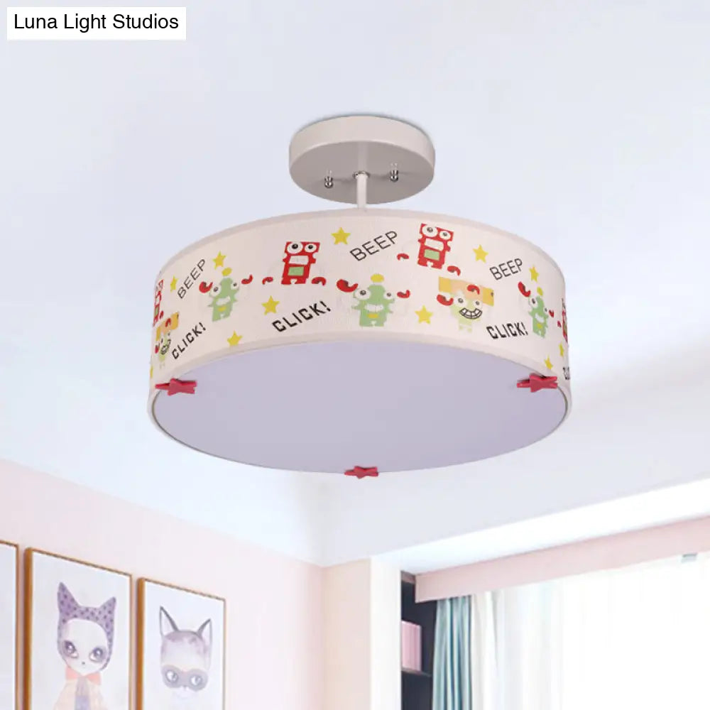 Cartoon Animal Print Semi Flush Ceiling Light With 3 Bulbs In White Fabric