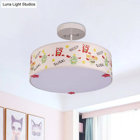 Cartoon Animal Print Semi Flush Ceiling Light With 3 Bulbs In White Fabric
