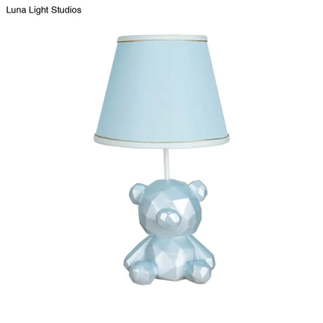 Cartoon Bear Barrel Fabric Table Light - White/Blue Night Lamp With Resin Base