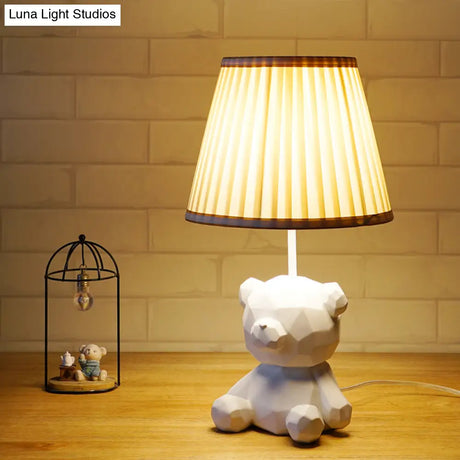 Cartoon Bear Barrel Fabric Table Light - White/Blue Night Lamp With Resin Base