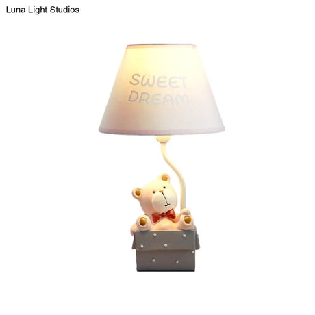 Cartoon Bear Desk Light: Resin Nightstand Lamp With Pink/Blue Cone Fabric Shade