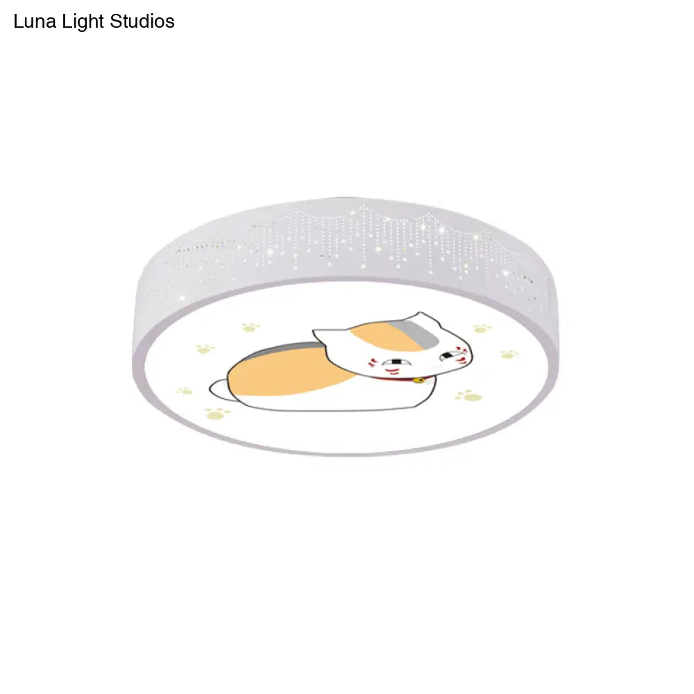 Cartoon Cat Led Flushmount Light For Kids Room Ceiling In Blue/White