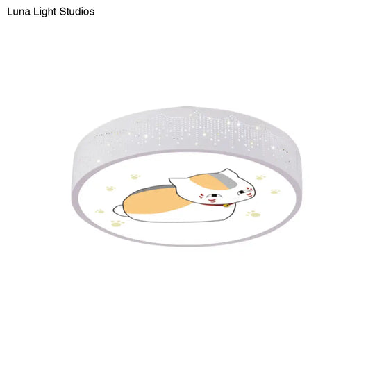 Cartoon Cat Led Flushmount Light For Kids Room Ceiling In Blue/White