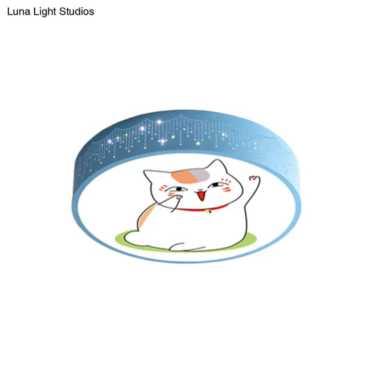 Cartoon Cat Led Flushmount Light For Kids Room Ceiling In Blue/White