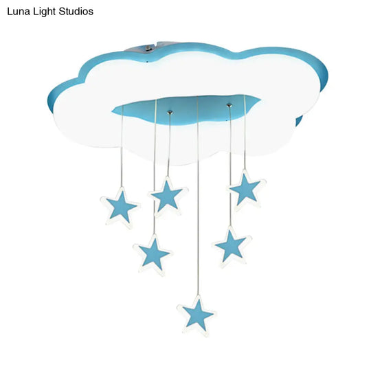 Cartoon Cloud And Star Flushmount Led Ceiling Light For Bedroom - Acrylic Pink/Blue Design
