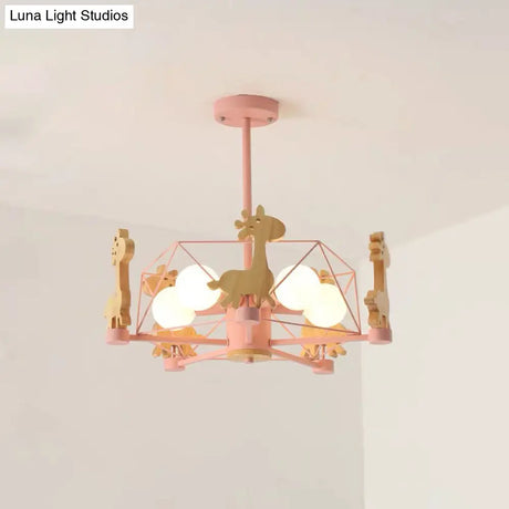 Cartoon Giraffe Kindergarten Ceiling Light: Wooden Hanging Chandelier With Wire Cage