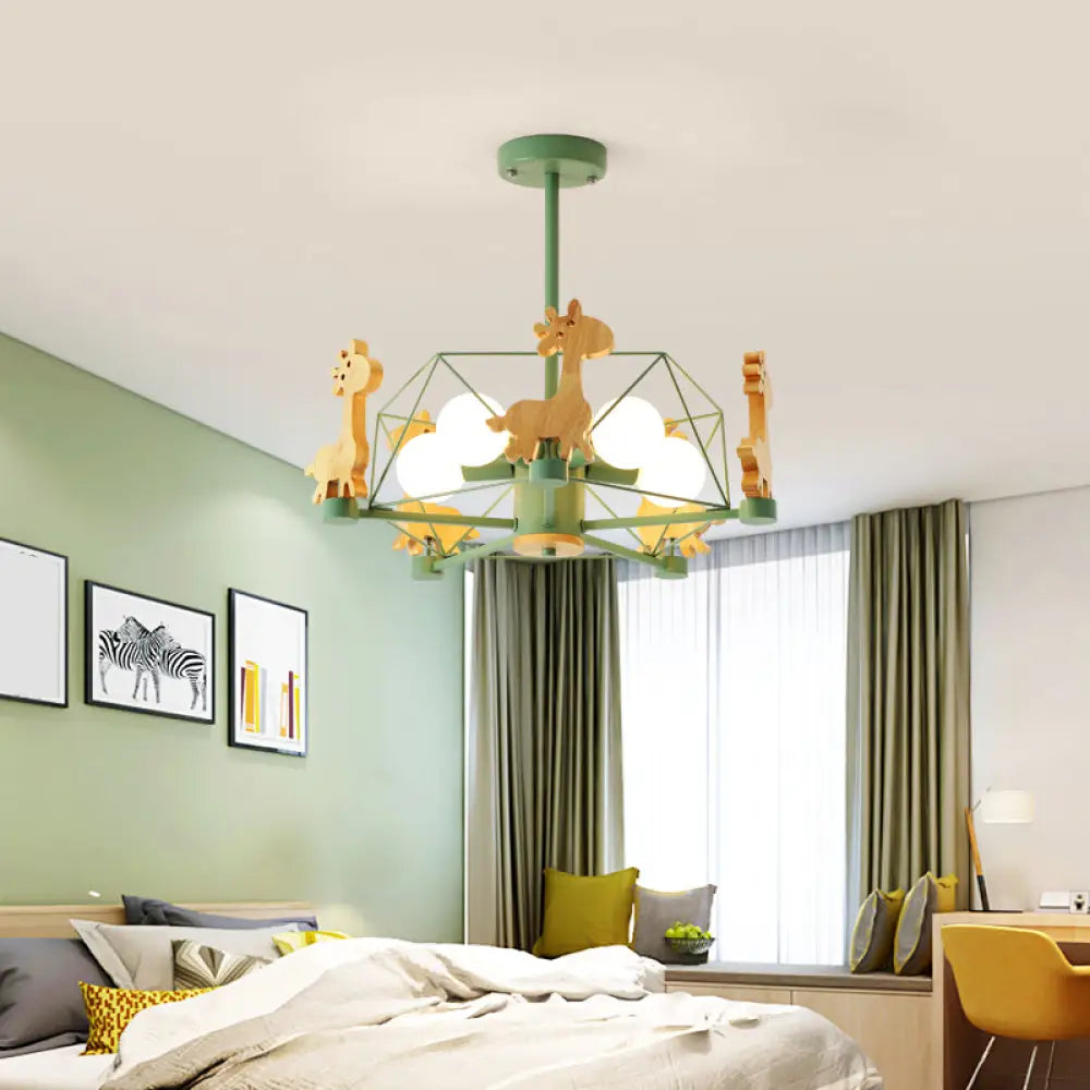 Cartoon Giraffe Kindergarten Ceiling Light: Wooden Hanging Chandelier With Wire Cage Green