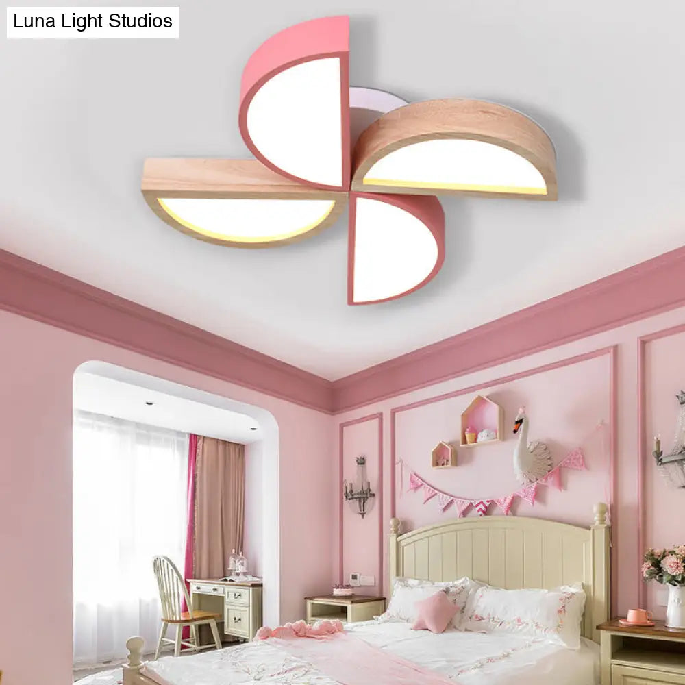 Cartoon-Inspired 4-Head Toy Windmill Led Flush Ceiling Light For Nursing Room Wooden And Metal Lamp