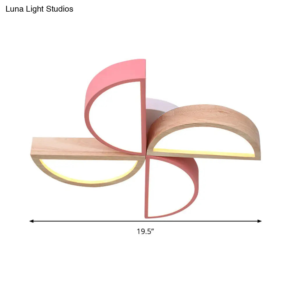 Cartoon-Inspired 4-Head Toy Windmill Led Flush Ceiling Light For Nursing Room Wooden And Metal Lamp