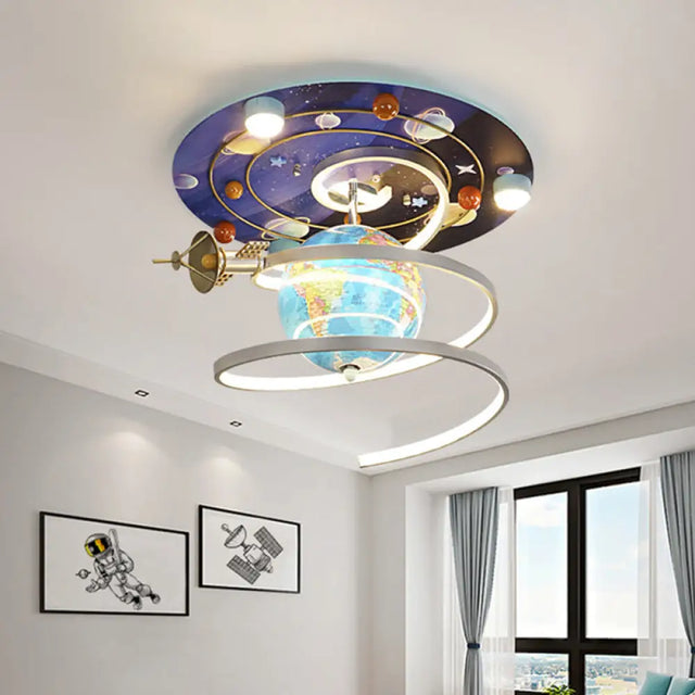 Cartoon Led Wood Flush Light Fixture - Blue Globe Ceiling Mount For Kids Bedroom