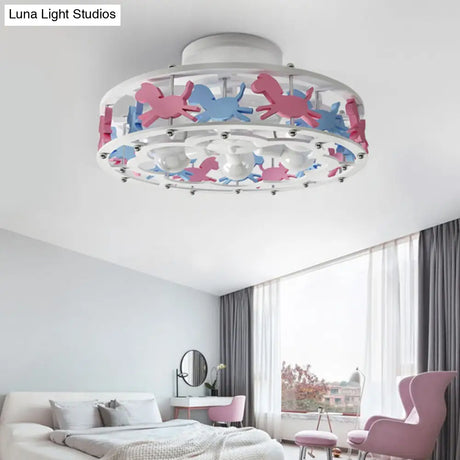 Cartoon Metal Drum Shaped 6 - Light Kids Room Ceiling Lamp In White