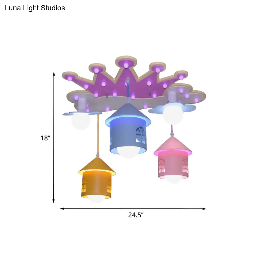 Cartoon Pink Crown Flush Mount Ceiling Lamp With Iron House Shade - Semi Wood Light 5 Lights