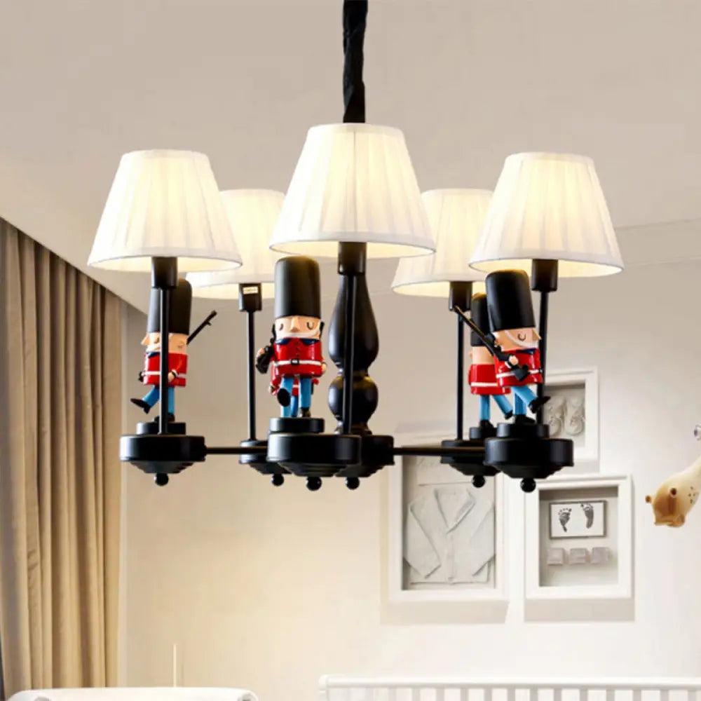 Cartoon Soldier Nursery Chandelier Pendant With Fabric Shade Resin Hanging Light 5 / Black