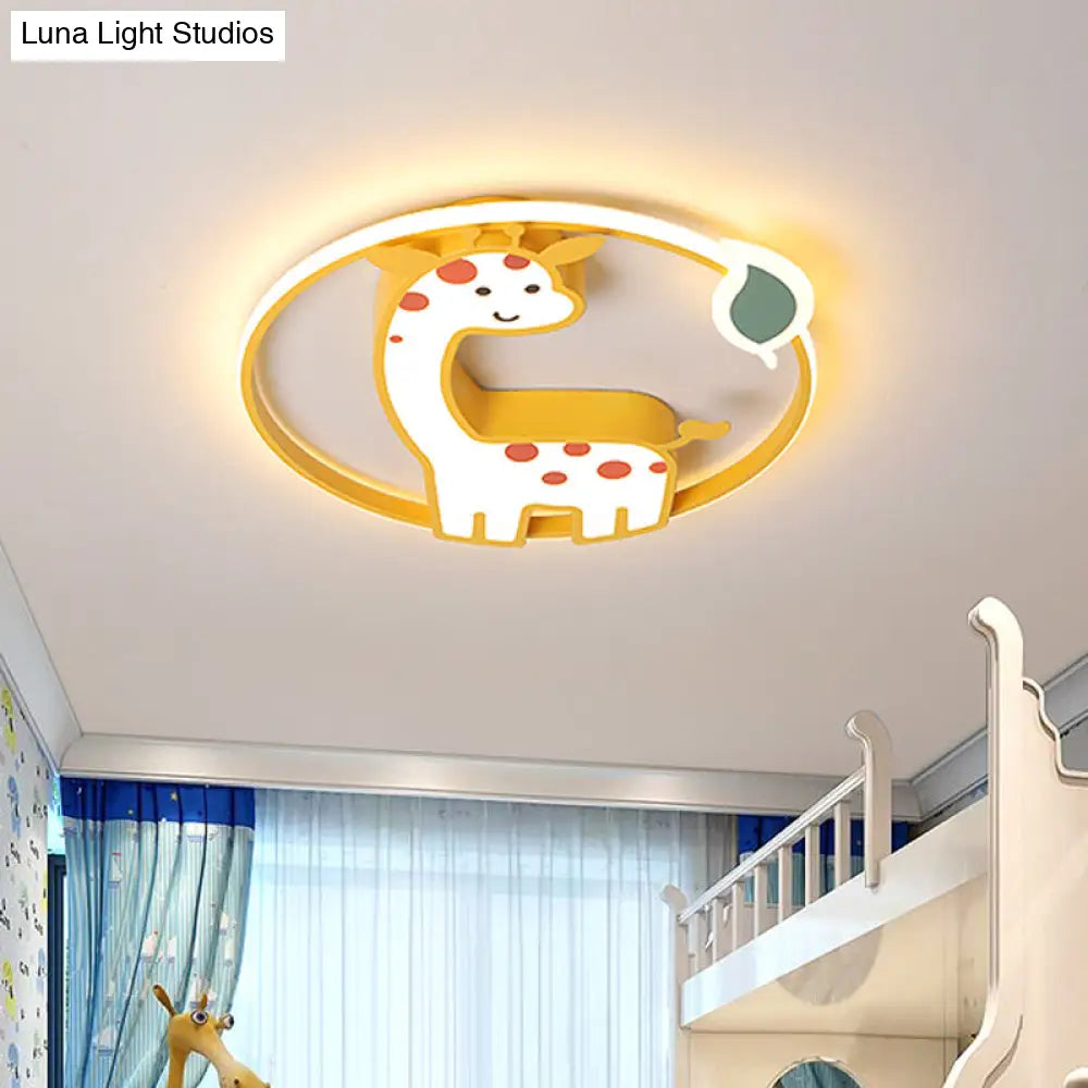 Cartoon-Style Acrylic Giraffe Flush Ceiling Light: Yellow Flushmount Fixture With Leaf Design