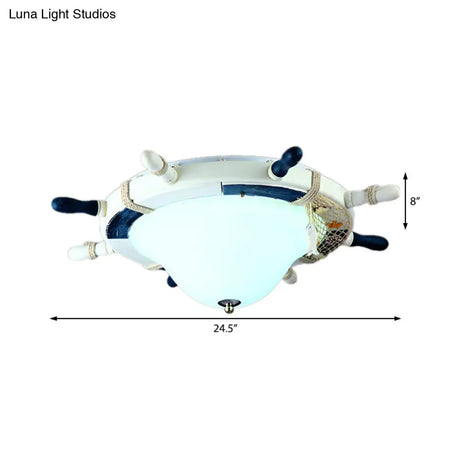 Cartoon Style Rudder Flush Ceiling Light - Led Metal Lamp For Children’s Room White/Blue With