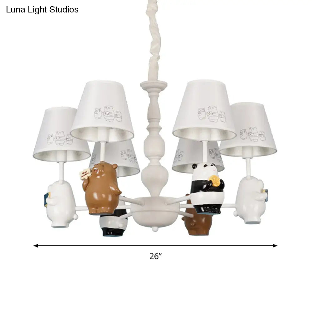 Cartoon Tapered Shade Hanging Lights - 6-Light Fabric Chandelier In White For Living Room