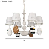 Cartoon Tapered Shade Hanging Lights - 6-Light Fabric Chandelier In White For Living Room