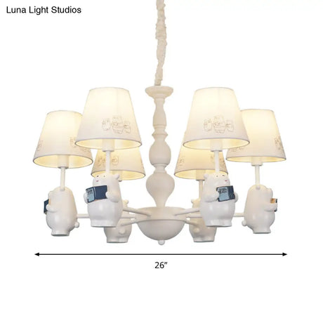 Cartoon Tapered Shade Hanging Lights - 6-Light Fabric Chandelier In White For Living Room