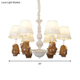 Cartoon Tapered Shade Hanging Lights - 6-Light Fabric Chandelier In White For Living Room
