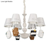 Cartoon Tapered Shade Hanging Lights - 6-Light Fabric Chandelier In White For Living Room
