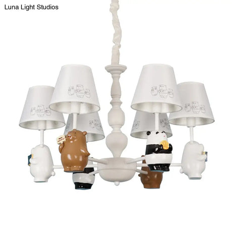 Cartoon Tapered Shade Hanging Lights - 6-Light Fabric Chandelier In White For Living Room