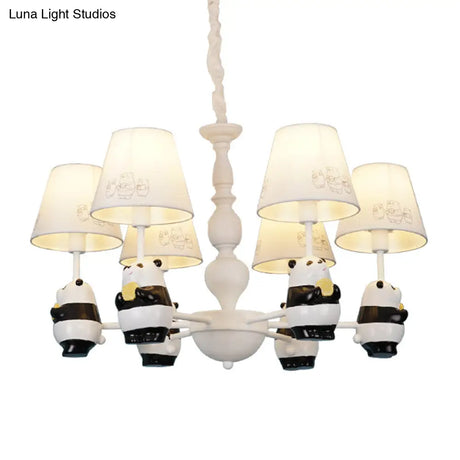 Cartoon Tapered Shade Hanging Lights - 6-Light Fabric Chandelier In White For Living Room