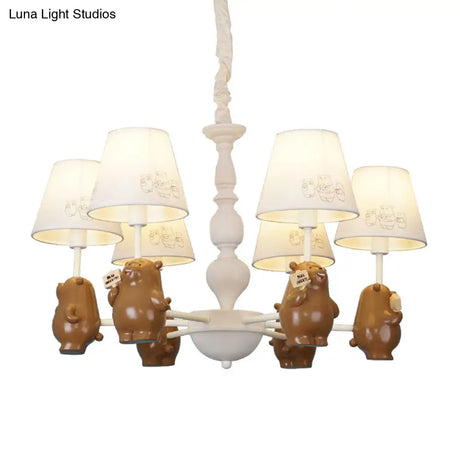 Cartoon Tapered Shade Hanging Lights - 6-Light Fabric Chandelier In White For Living Room