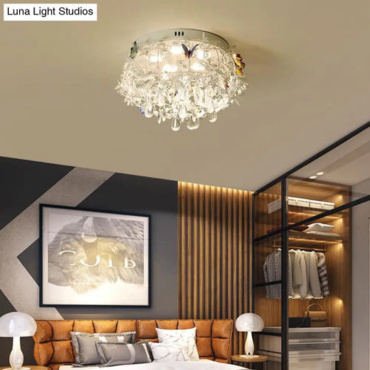 Cascade Teardrop Crystal Ceiling Light - 18’/23.5’ Wide Contemporary 5 Heads Nickel Flush Mount
