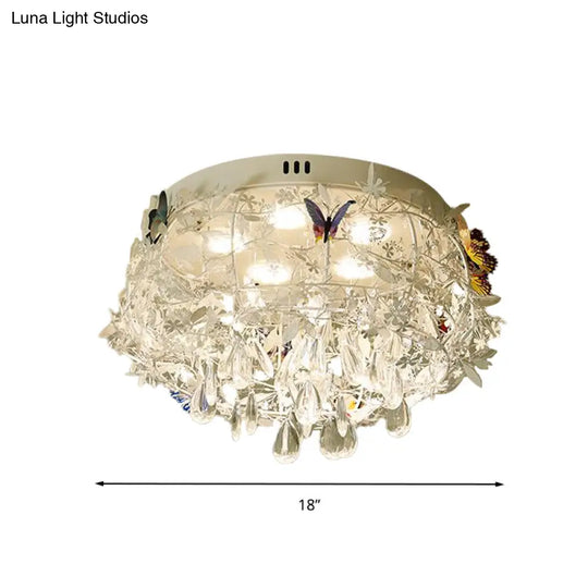 Cascade Teardrop Crystal Ceiling Light - 18’/23.5’ Wide Contemporary 5 Heads Nickel Flush Mount