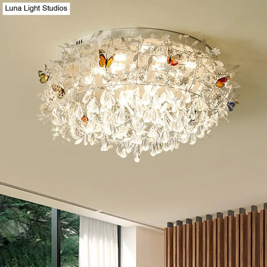 Cascade Teardrop Crystal Ceiling Light - 18/23.5 Wide Contemporary 5 Heads Nickel Flush Mount / 23.5