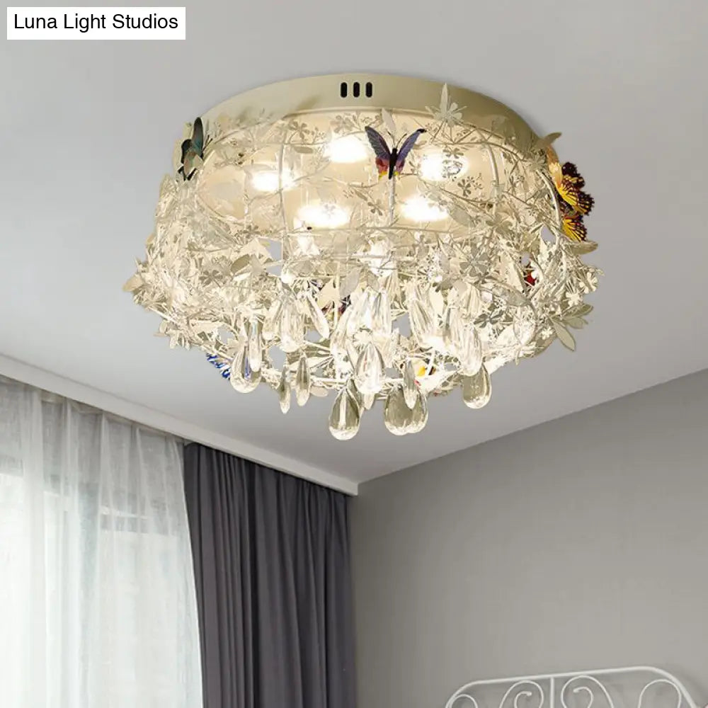 Cascade Teardrop Crystal Ceiling Light - 18/23.5 Wide Contemporary 5 Heads Nickel Flush Mount / 18