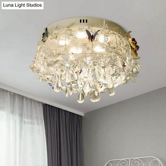Cascade Teardrop Crystal Ceiling Light - 18/23.5 Wide Contemporary 5 Heads Nickel Flush Mount / 18