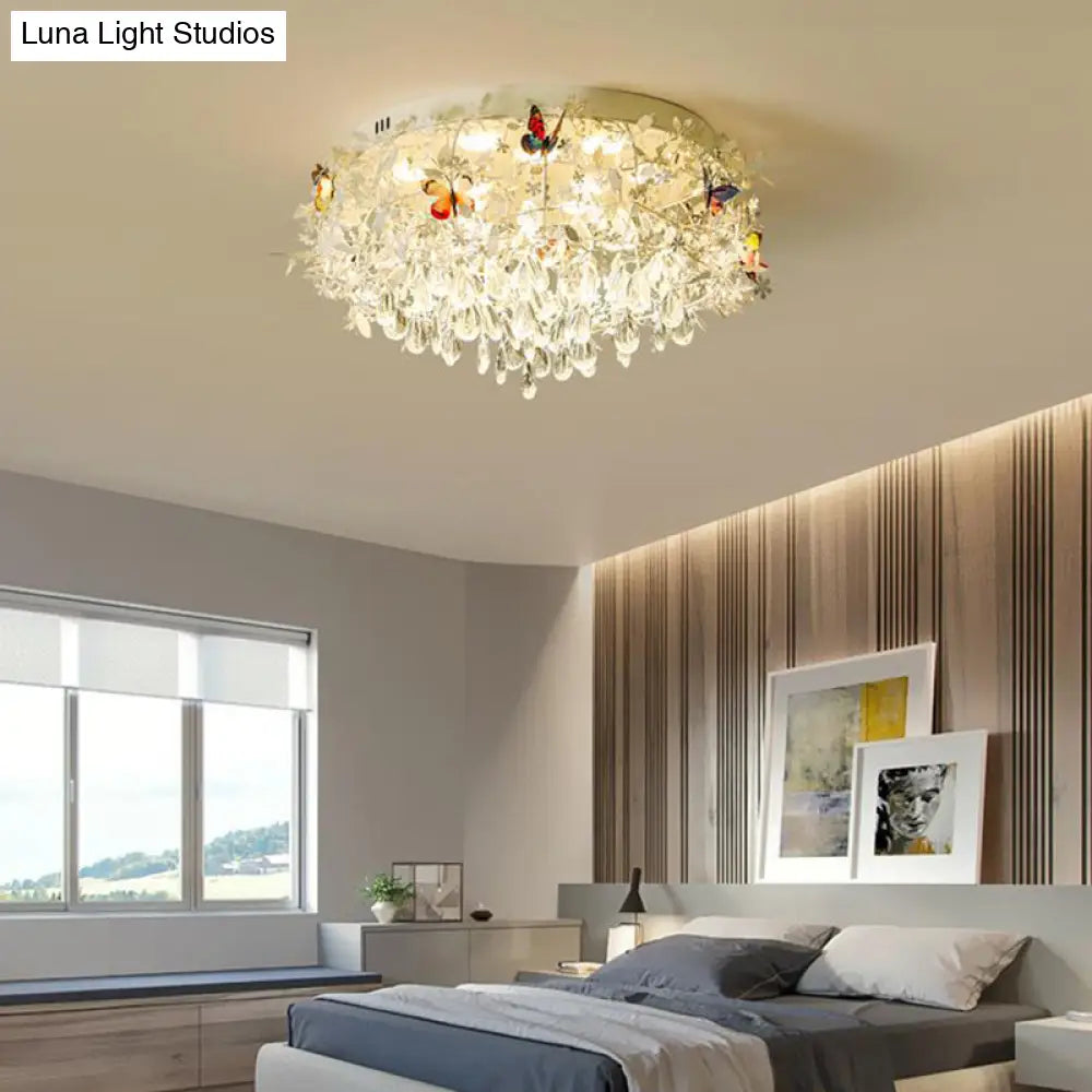 Cascade Teardrop Crystal Ceiling Light - 18’/23.5’ Wide Contemporary 5 Heads Nickel Flush Mount