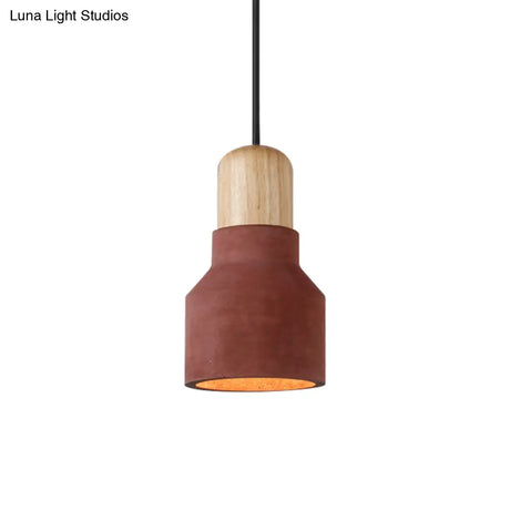 Cement Bottle Small Hanging Lamp Macaron Single Red/Grey/Green Ceiling Pendant Light With Wood Top