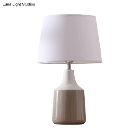 Ceramic 1-Light Bedside Table Lamp In Modern Tapered Drum Design Brown/White And Gray With Fabric