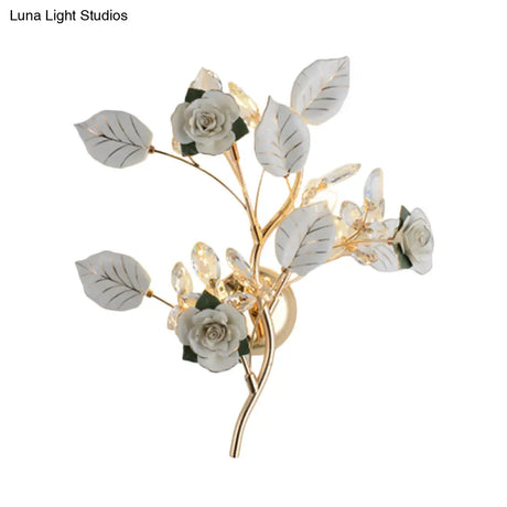 Ceramic And Crystal Branch Wall Lamp With 3 Bulbs Rose/Leaf Design In Black/White For Bedroom Sconce