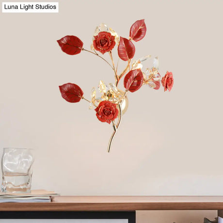 Ceramic And Crystal Branch Wall Lamp With 3 Bulbs Rose/Leaf Design In Black/White For Bedroom Sconce