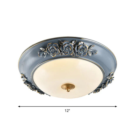 Ceramic Carved Rose Led Ceiling Lamp In Blue With White Glass Shade - Available 12/14/18 For Rural &