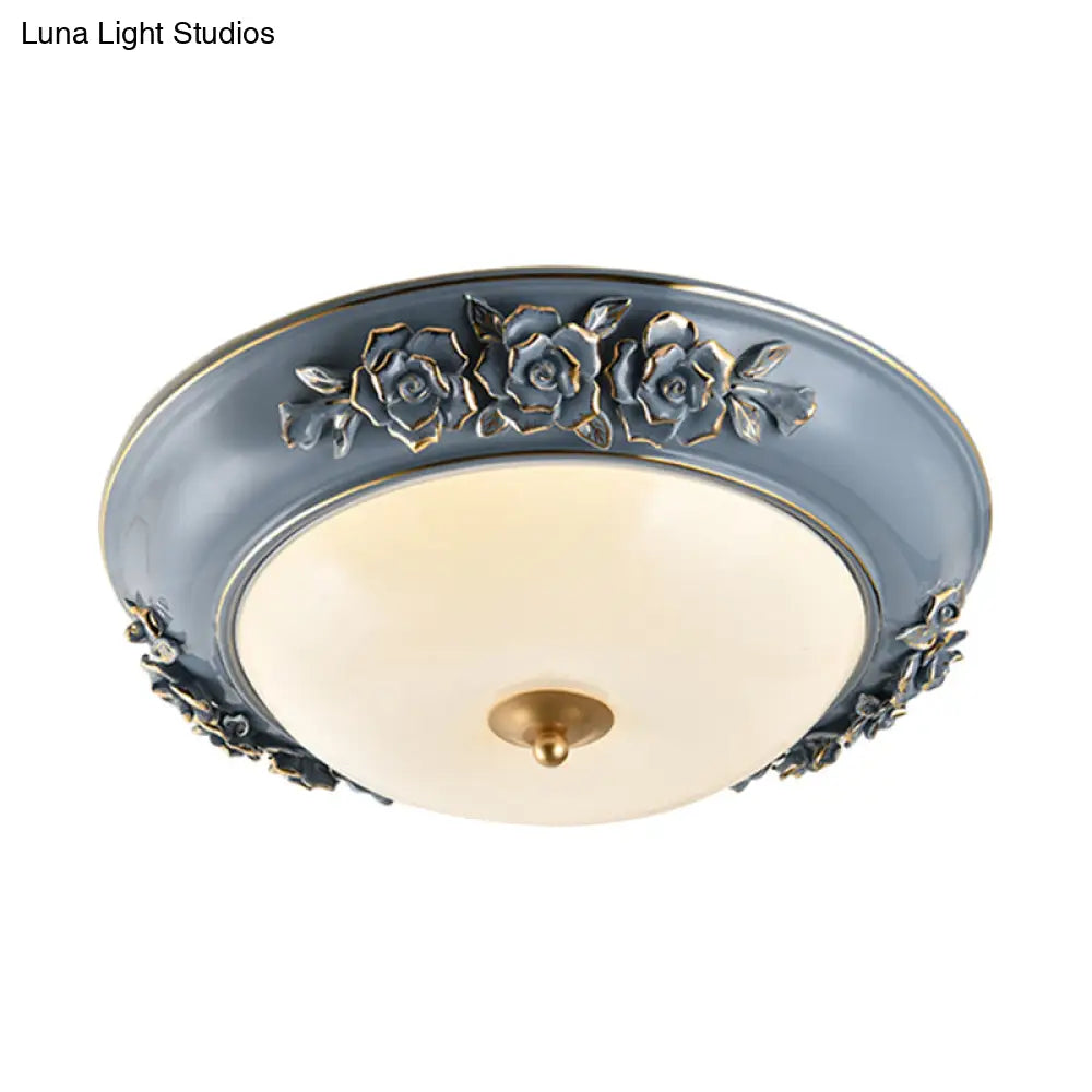Ceramic Carved Rose Led Ceiling Lamp In Blue With White Glass Shade - Available 12’/14’/18’