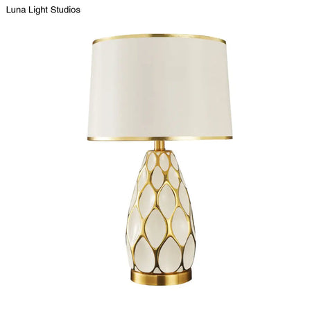 Ceramic Drum Table Lamp: Modern White Night Light For Living Room With Fabric Shade
