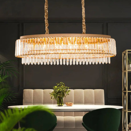Champagne Crystal Prism Island Pendant - Modern Chic Oval Dining Room Light Fixture